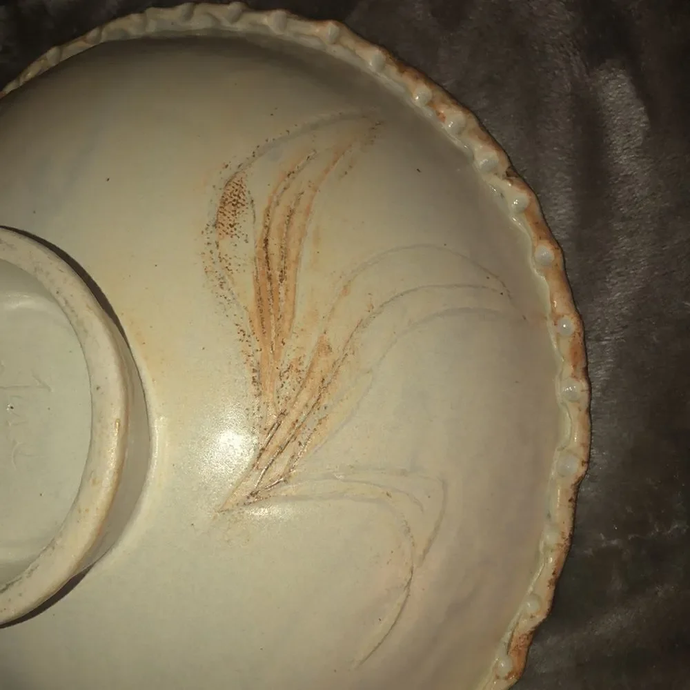 Vintage Hand Made Pottery Bowl Ivory Wheat Leaves